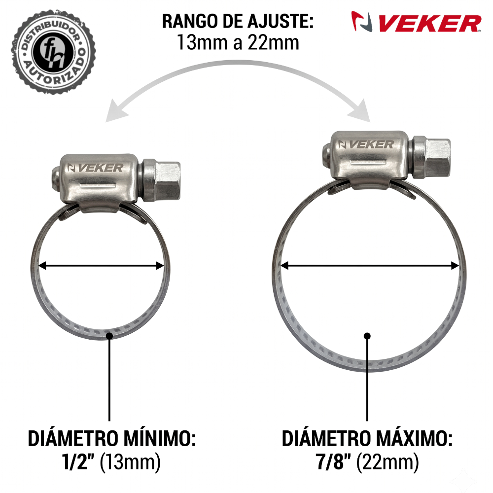 Mini Abrazadera Reforzada 12583 Acero Inox 1/2 - 7/8 Veker 10pzas