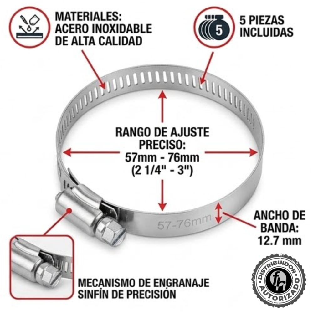 Abrazadera Reforzada Acero Inoxidable 57 - 76 mm (5 piezas) Veker 12596