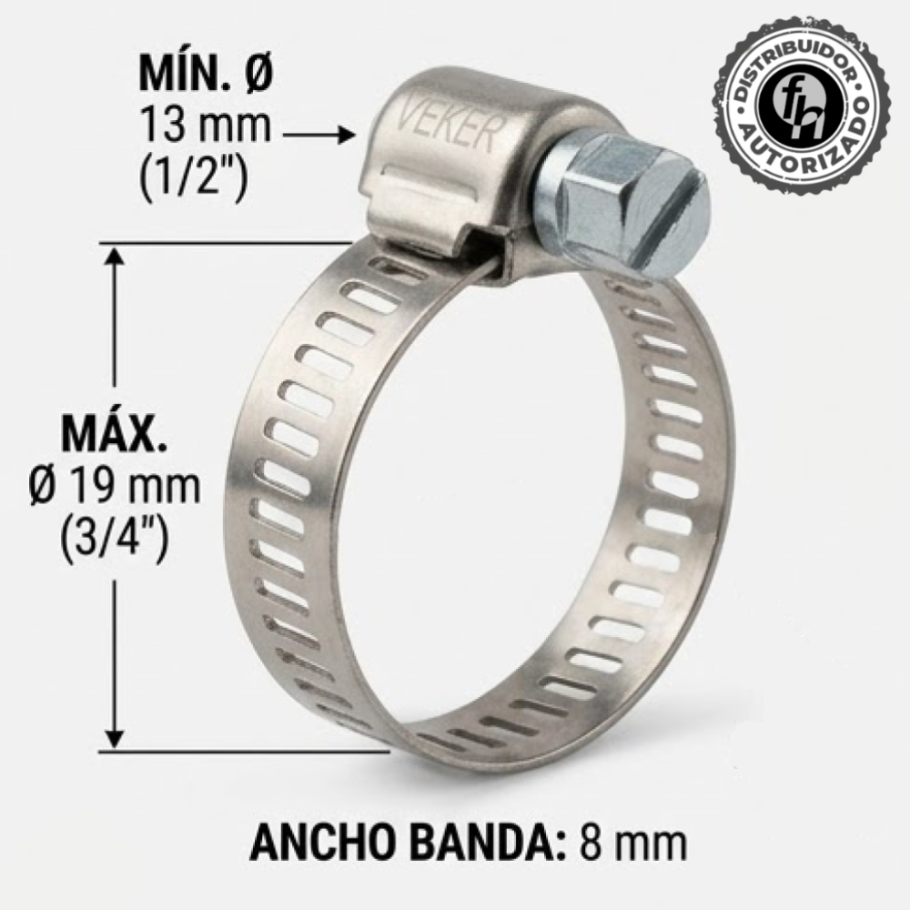 Mini Abrazadera Reforzada 12582 Acero Inox 1/2 - 3/4 Veker 10pzas