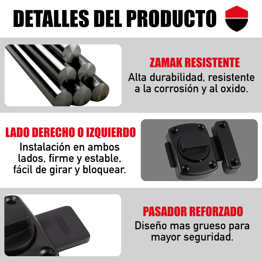 Pasador Cerrojo Giratorio De Seguridad Bidireccional 180° Negro Mate Con Tornillos