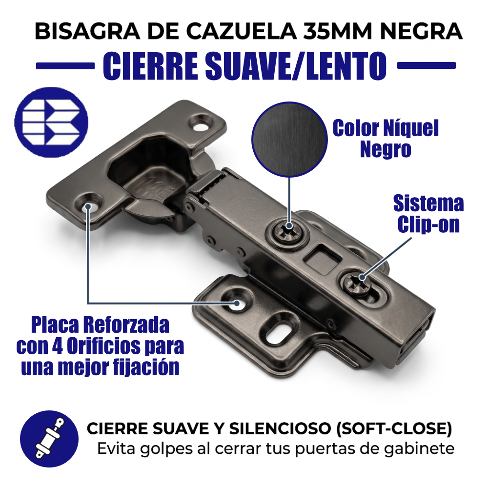 Bisagra Bidimensional 110° Cierre Suave Cobertura Completa/Recta Negro Grafito Con Tornillos