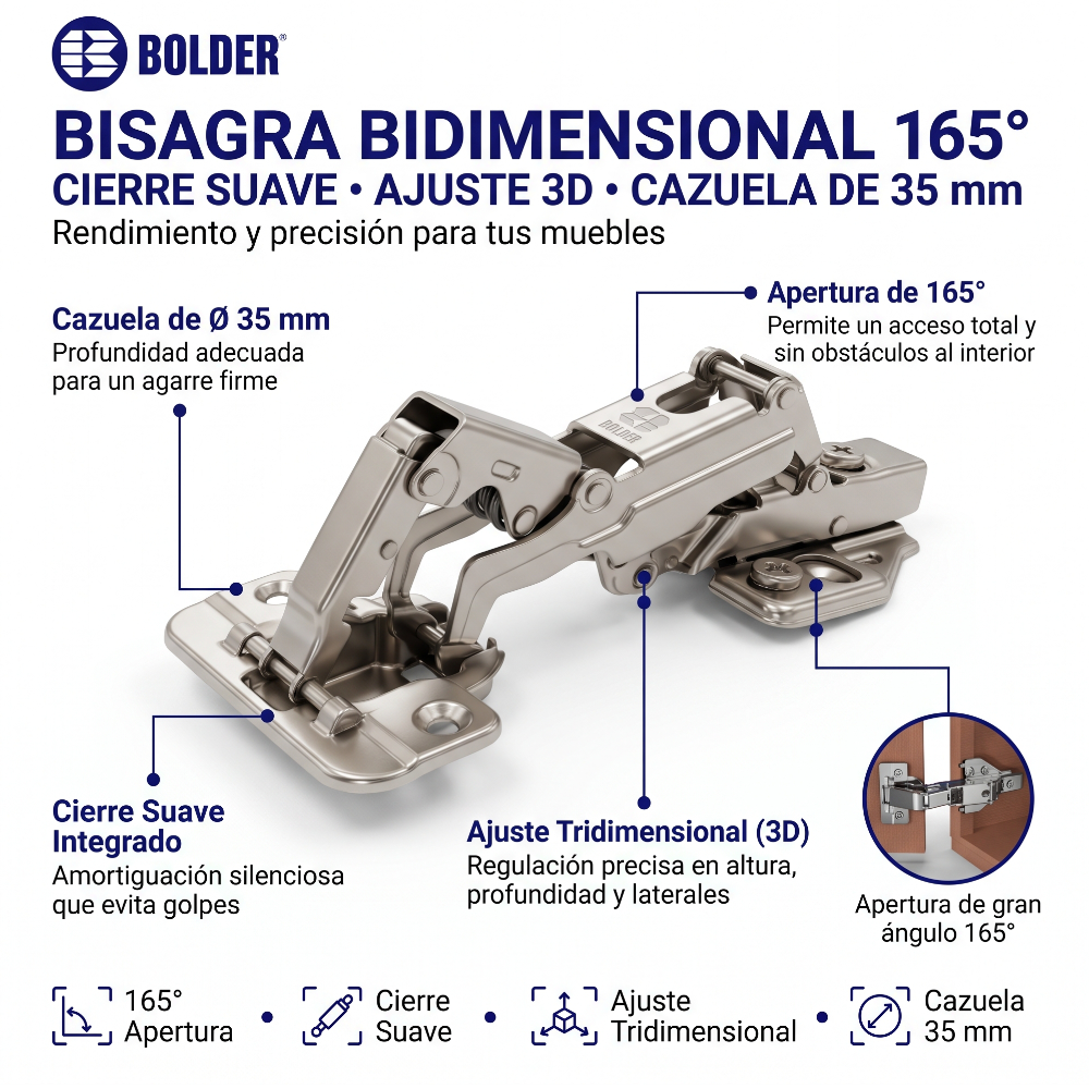 Bisagra Bidimensional Chapulín 165° Cierre Suave Base 3D Con Tornillos