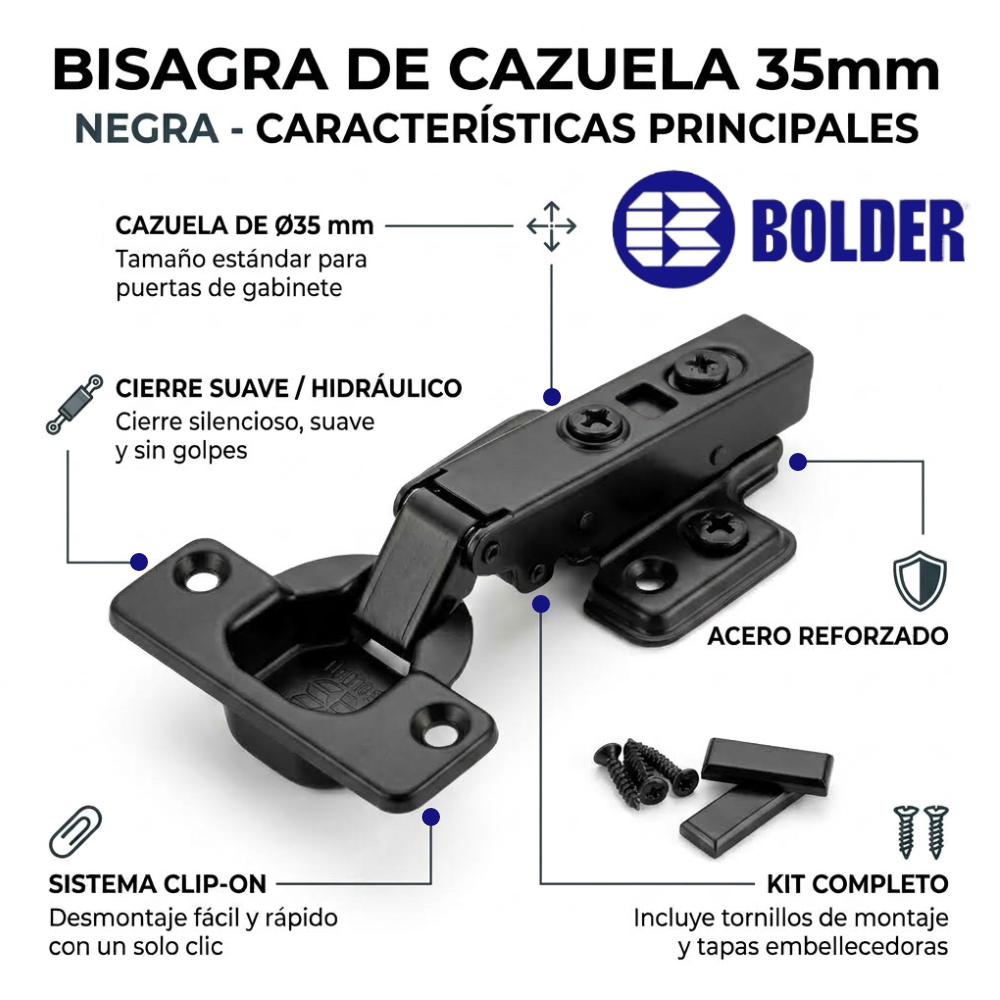 Bisagra Bidimensional 110° Cierre Suave Cobertura Completa/Recta Negro Grafito Con Tornillos
