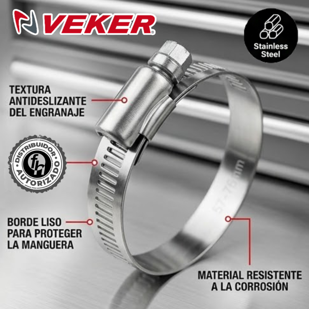 Abrazadera Reforzada Acero Inoxidable 57 - 76 mm (5 piezas) Veker 12596