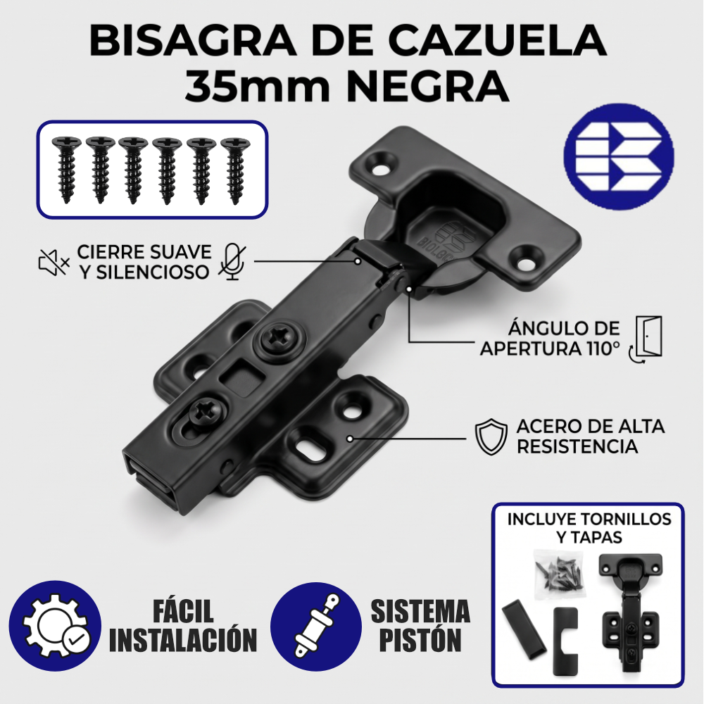 Bisagra Bidimensional 110° Cierre Suave Cobertura Completa/Recta Negro Grafito Con Tornillos