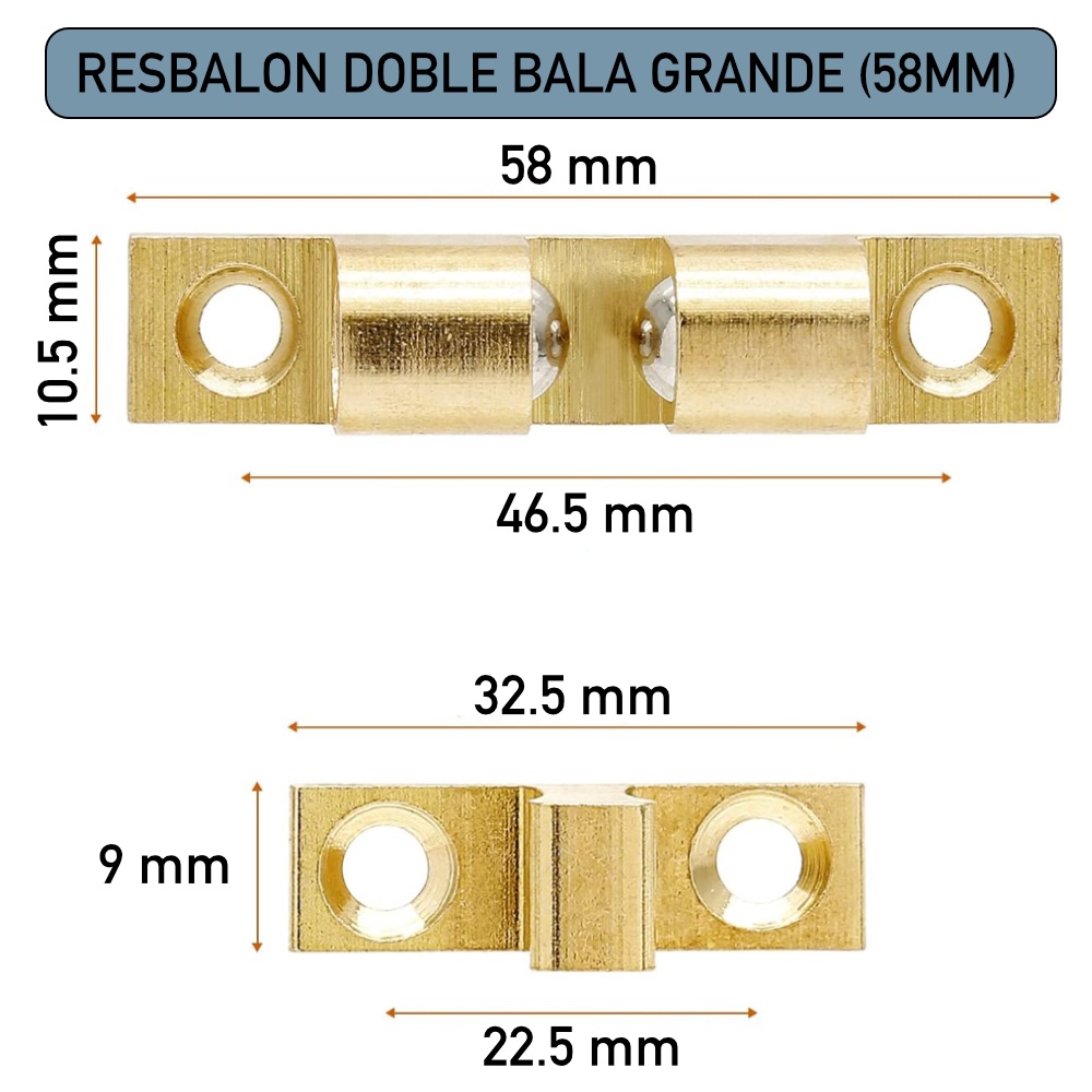 Resbalón Doble Bala Latón Brillante Grande 58mm Broche Para Puertas Con Tornillos