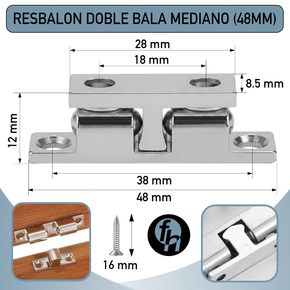 Resbalón Doble Bala Cromo Mediano 48mm Broche Para Puertas Con Tornillos