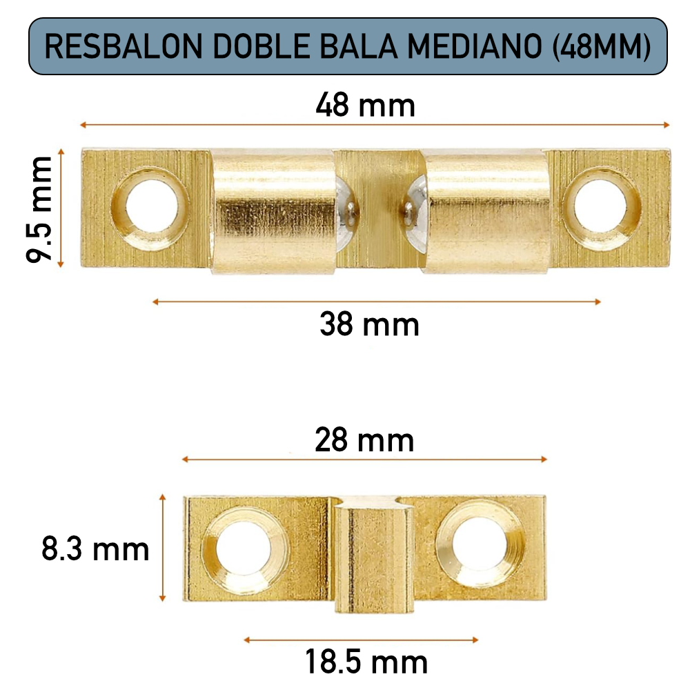 Resbalón Doble Bala Latón Brillante Mediano 48mm Broche Para Puertas Con Tornillos