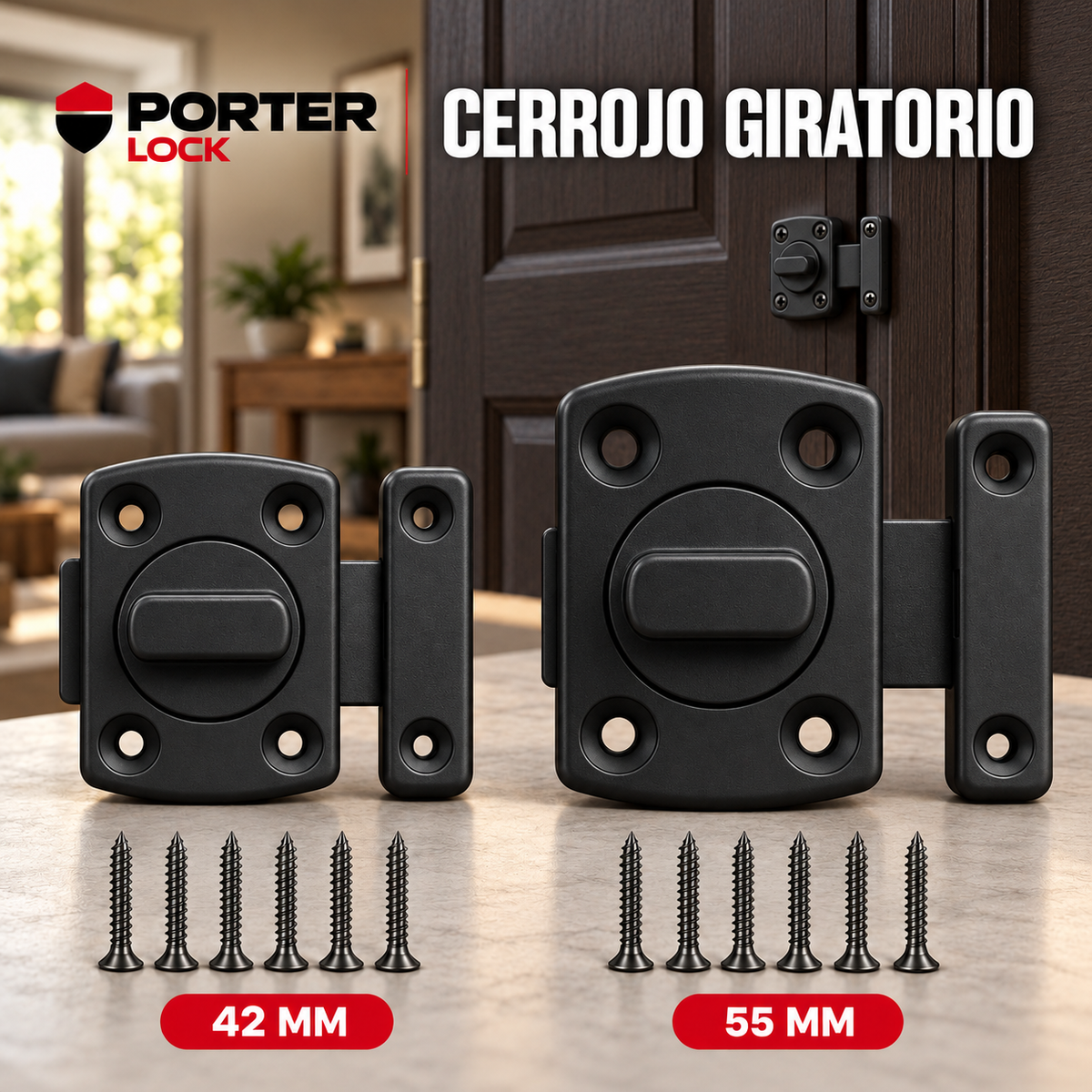 Pasador Cerrojo Giratorio De Seguridad Bidireccional 180° Negro Mate Con Tornillos