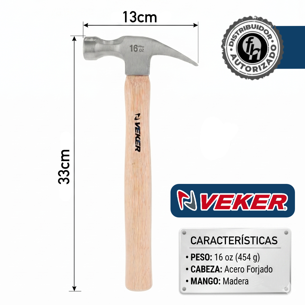 Martillo Pulido 16oz (454 gr) Uña Curva Mango Madera Veker 12310