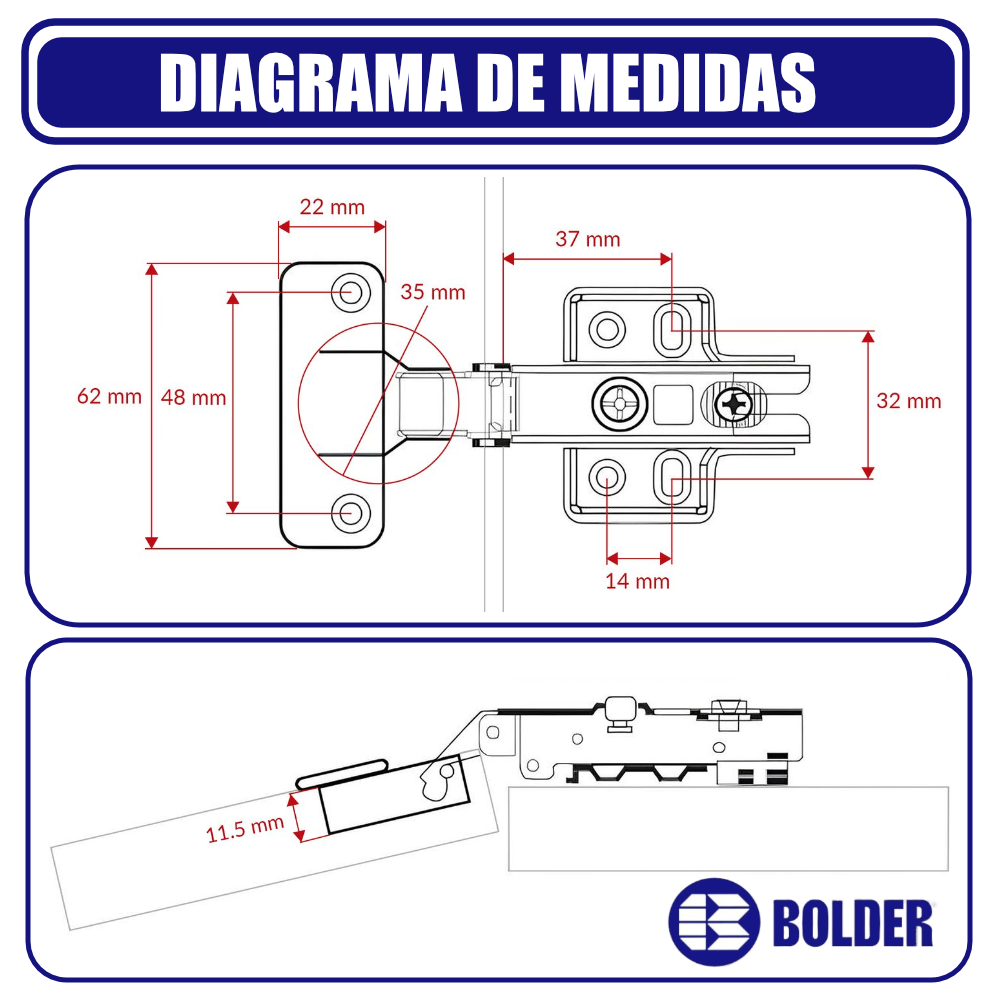 Bisagra Bidimensional 110° Cierre Suave Cobertura Completa/Recta Negro Grafito Con Tornillos