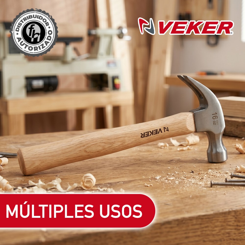 Martillo Pulido 16oz (454 gr) Uña Curva Mango Madera Veker 12310