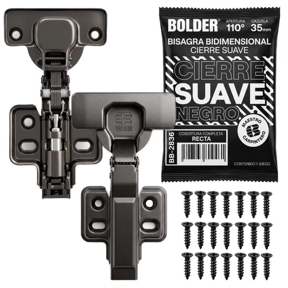 Bisagra Bidimensional 110° Cierre Suave Cobertura Completa/Recta Negro Grafito Con Tornillos