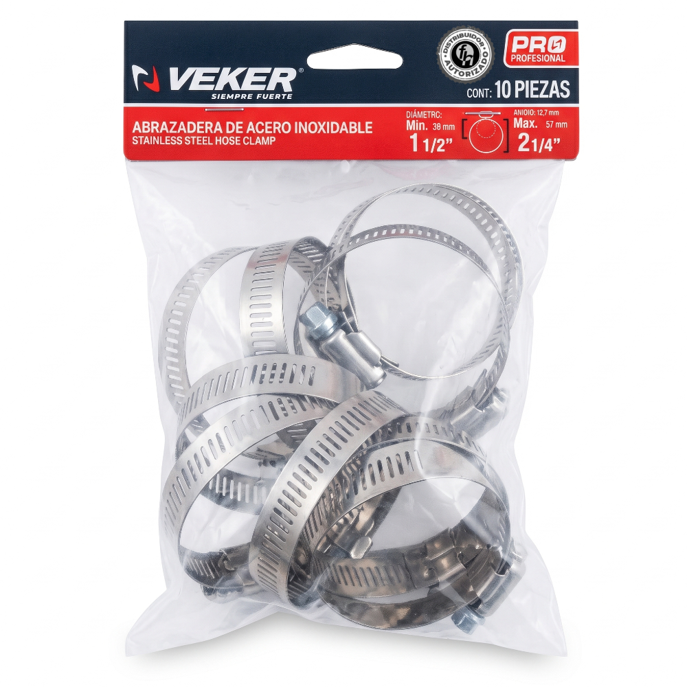 Abrazadera Reforzada Acero Inoxidable 38 - 57 mm (10 piezas) Veker 12593