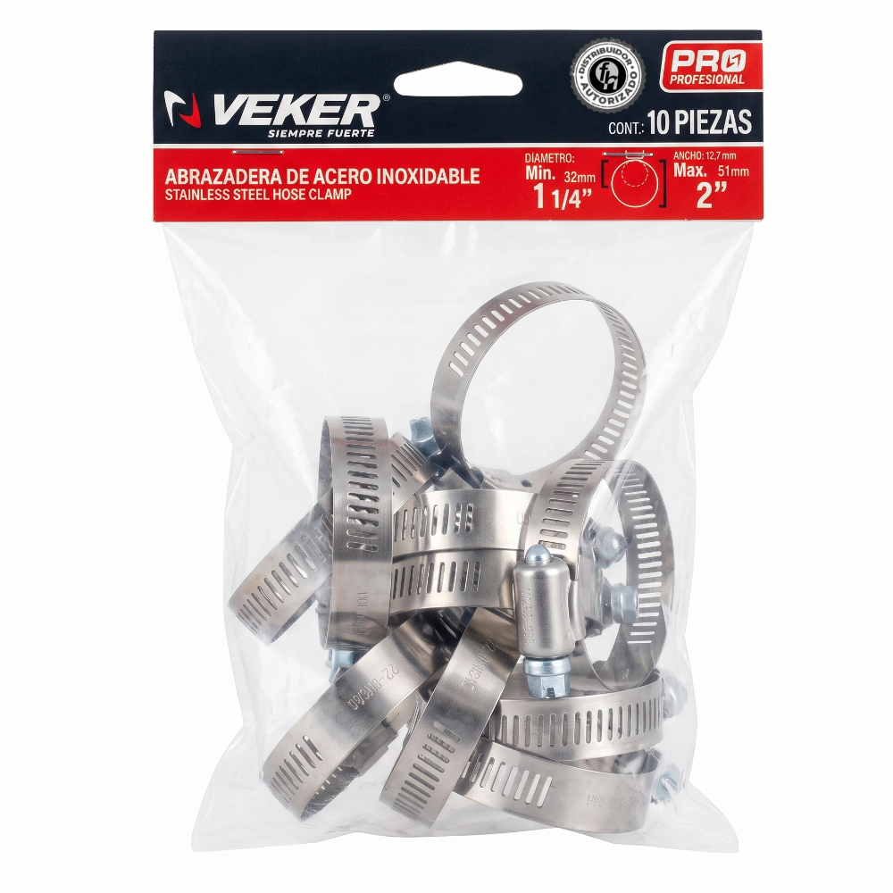 Abrazadera Reforzada Acero Inoxidable 32 - 51 mm (10 piezas) Veker 12592
