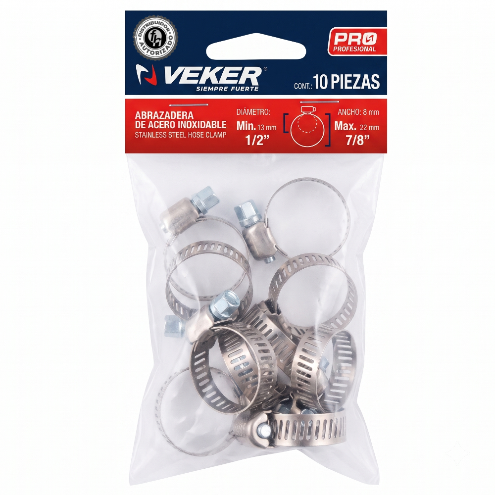 Mini Abrazadera Reforzada 12583 Acero Inox 1/2 - 7/8 Veker 10pzas