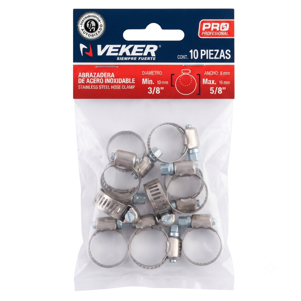 Mini Abrazadera Reforzada 12581 Acero Inox 3/8 - 5/8 Veker 10pzas