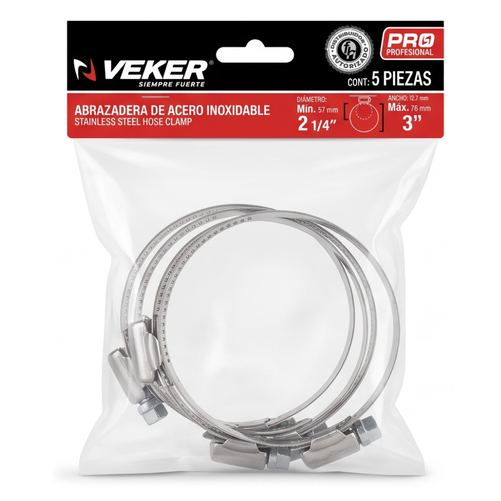 Abrazadera Reforzada Acero Inoxidable 57 - 76 mm (5 piezas) Veker 12596