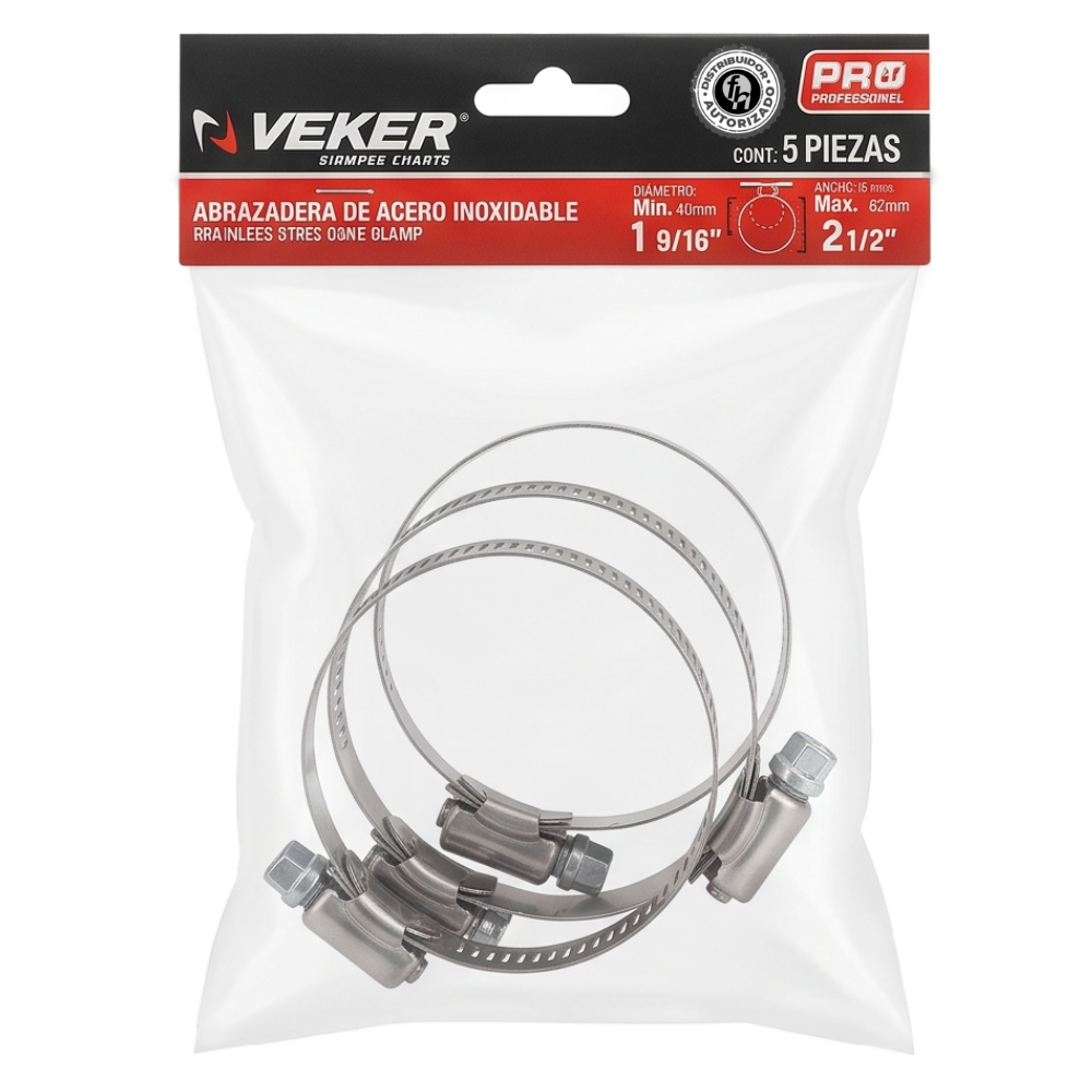 Abrazadera Reforzada Acero Inoxidable 40 - 64 mm (5 piezas) Veker 12594