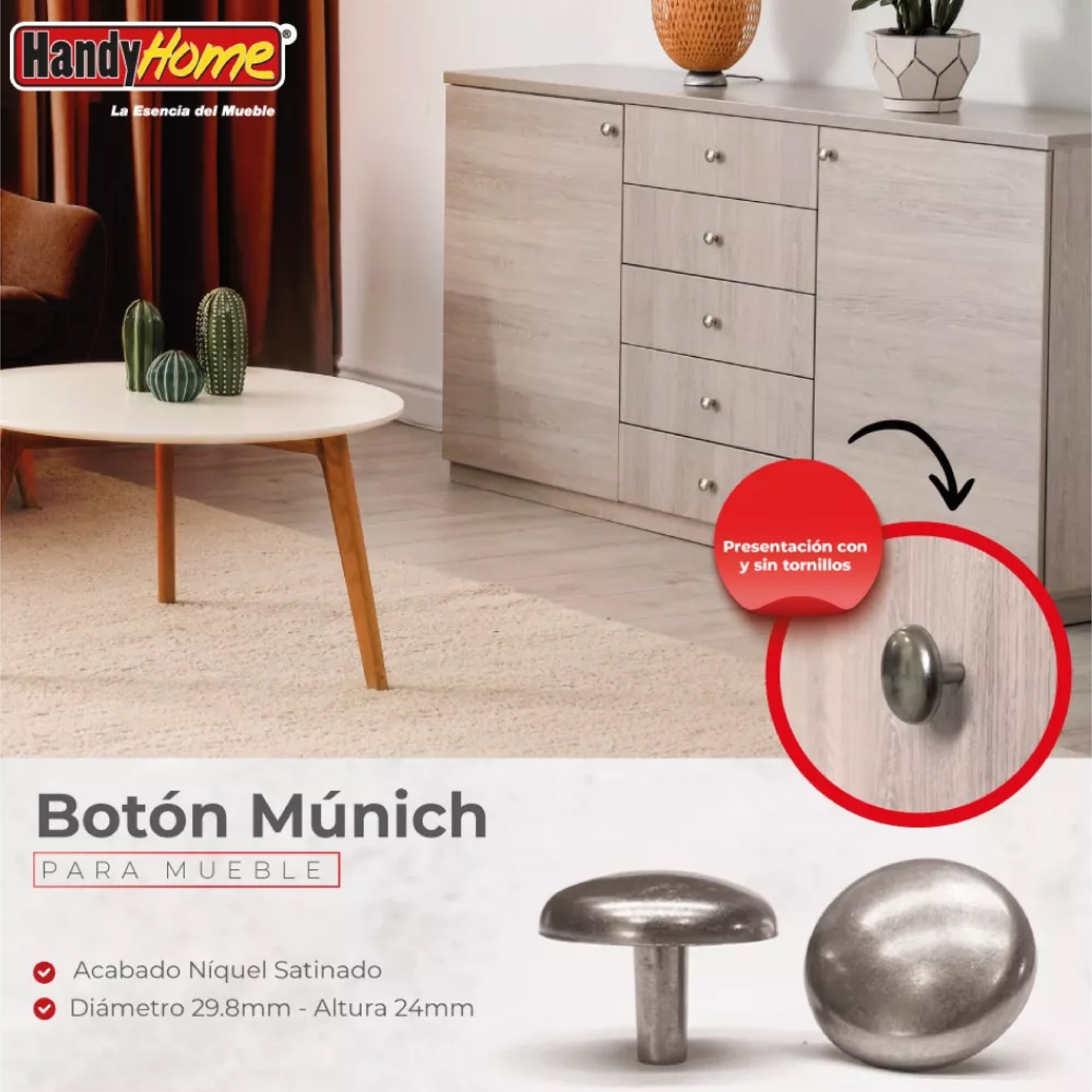 Jaladera De Botón Níquel Satinado Munich Handy Home