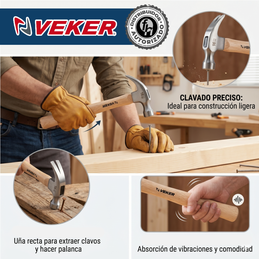 Martillo Pulido 16oz (454 gr) Uña Curva Mango Madera Veker 12310