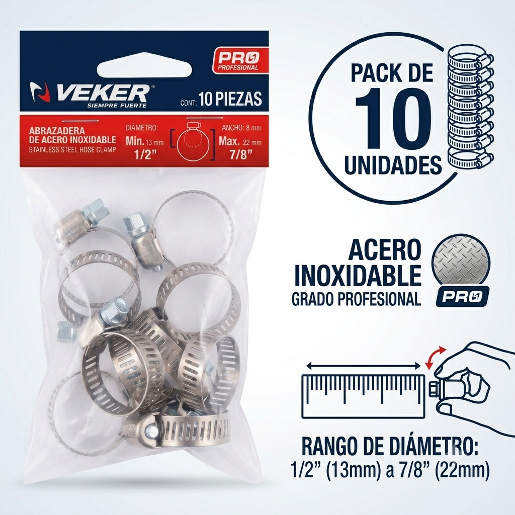 Mini Abrazadera Reforzada 12583 Acero Inox 1/2 - 7/8 Veker 10pzas
